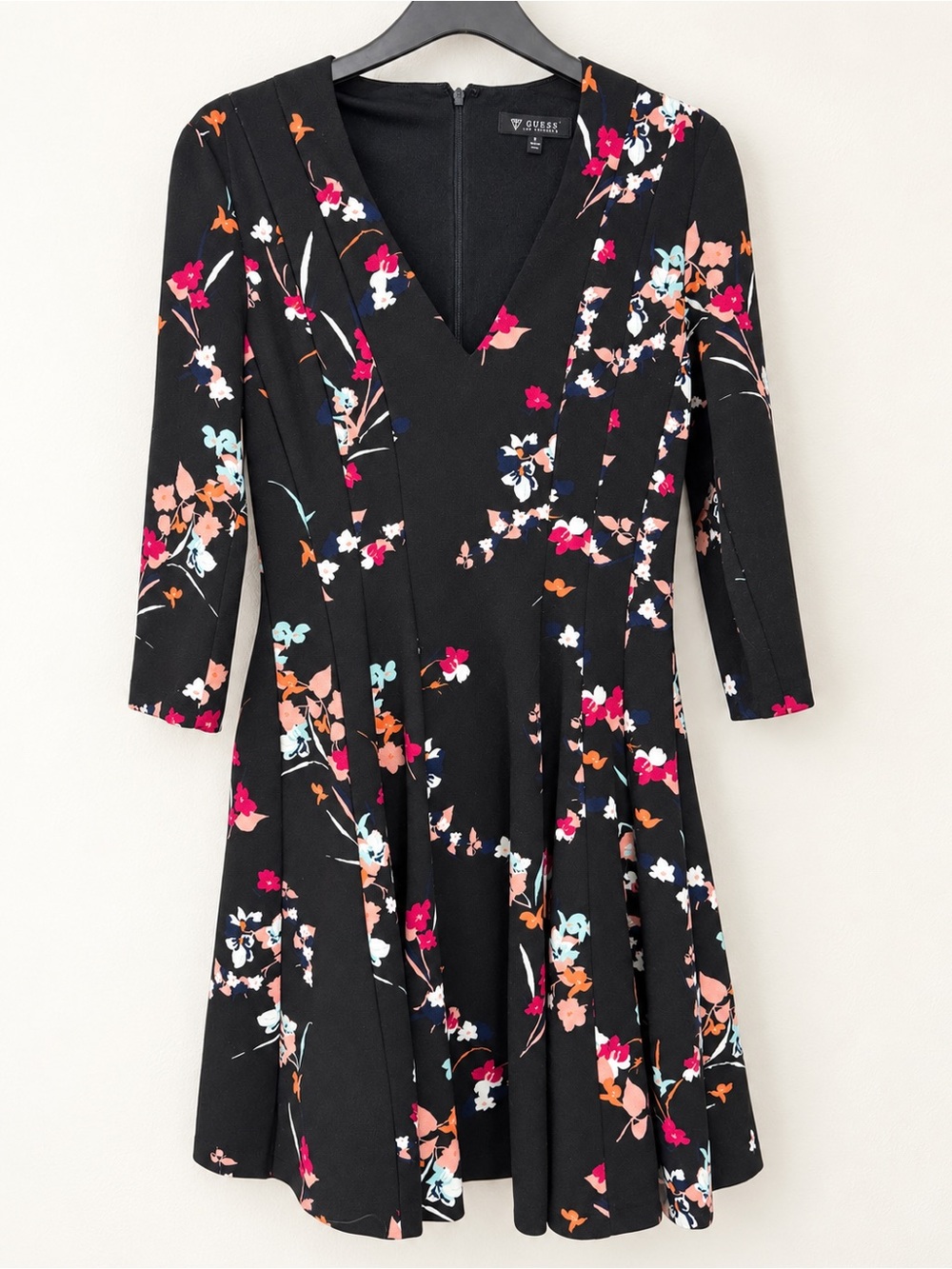 Guess Women's Black Floral V-Neck Fit-and-Flare Dress